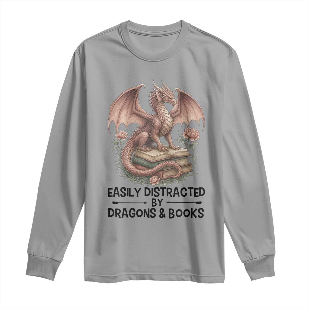 Easily Distracted By Dragon And Books Long Sleeve Shirt Funny Book Lover - Wonder Print Shop
