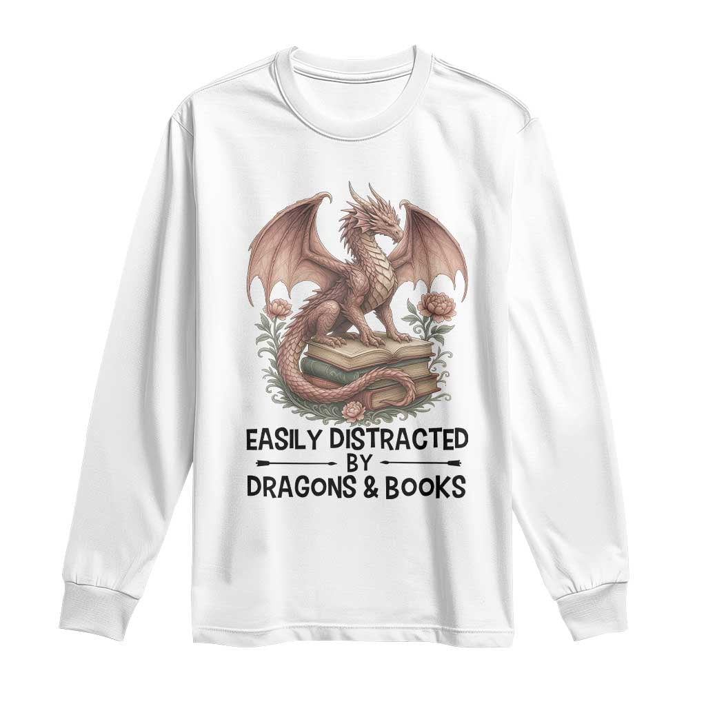 Easily Distracted By Dragon And Books Long Sleeve Shirt Funny Book Lover - Wonder Print Shop