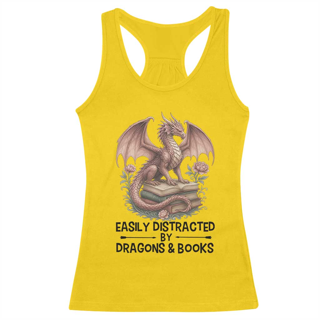 Easily Distracted By Dragon And Books Racerback Tank Top Funny Book Lover - Wonder Print Shop