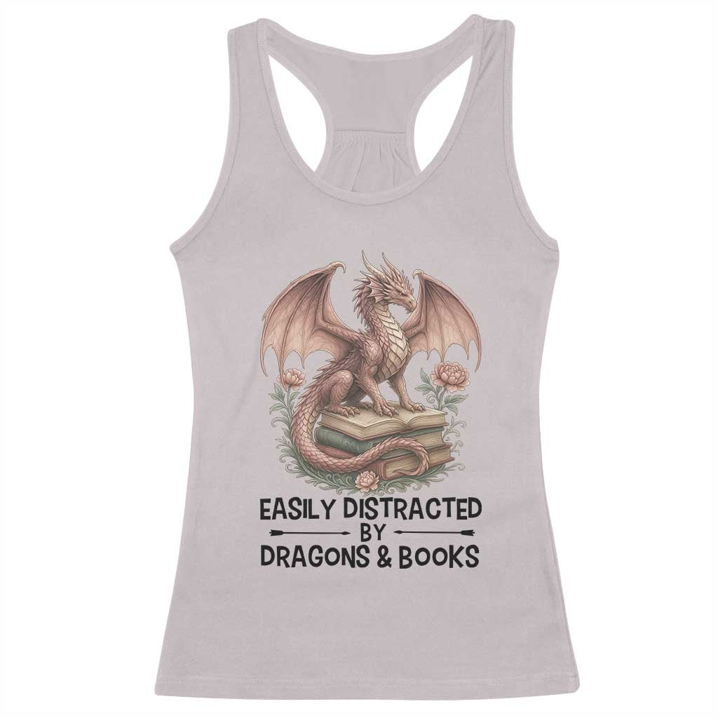 Easily Distracted By Dragon And Books Racerback Tank Top Funny Book Lover - Wonder Print Shop