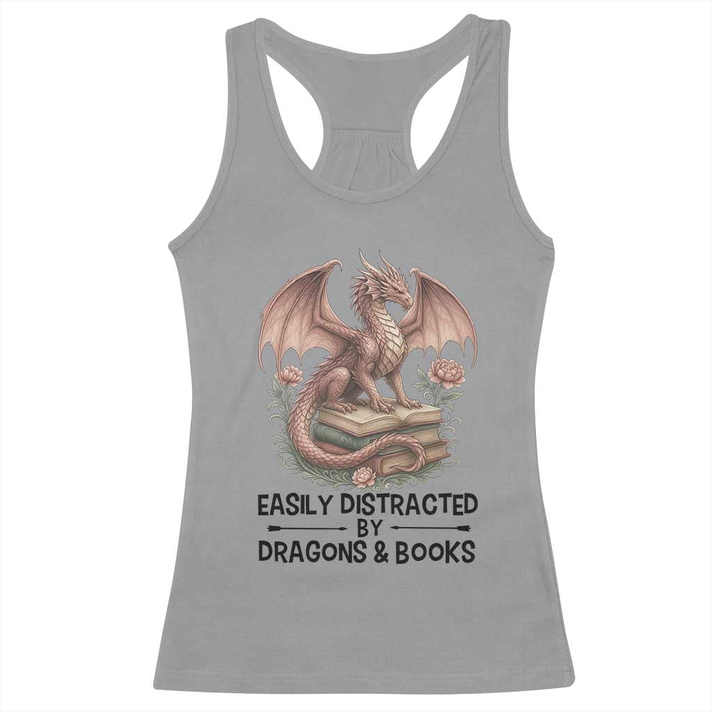 Easily Distracted By Dragon And Books Racerback Tank Top Funny Book Lover - Wonder Print Shop
