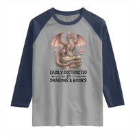Easily Distracted By Dragon And Books Raglan Shirt Funny Book Lover - Wonder Print Shop
