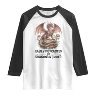 Easily Distracted By Dragon And Books Raglan Shirt Funny Book Lover - Wonder Print Shop
