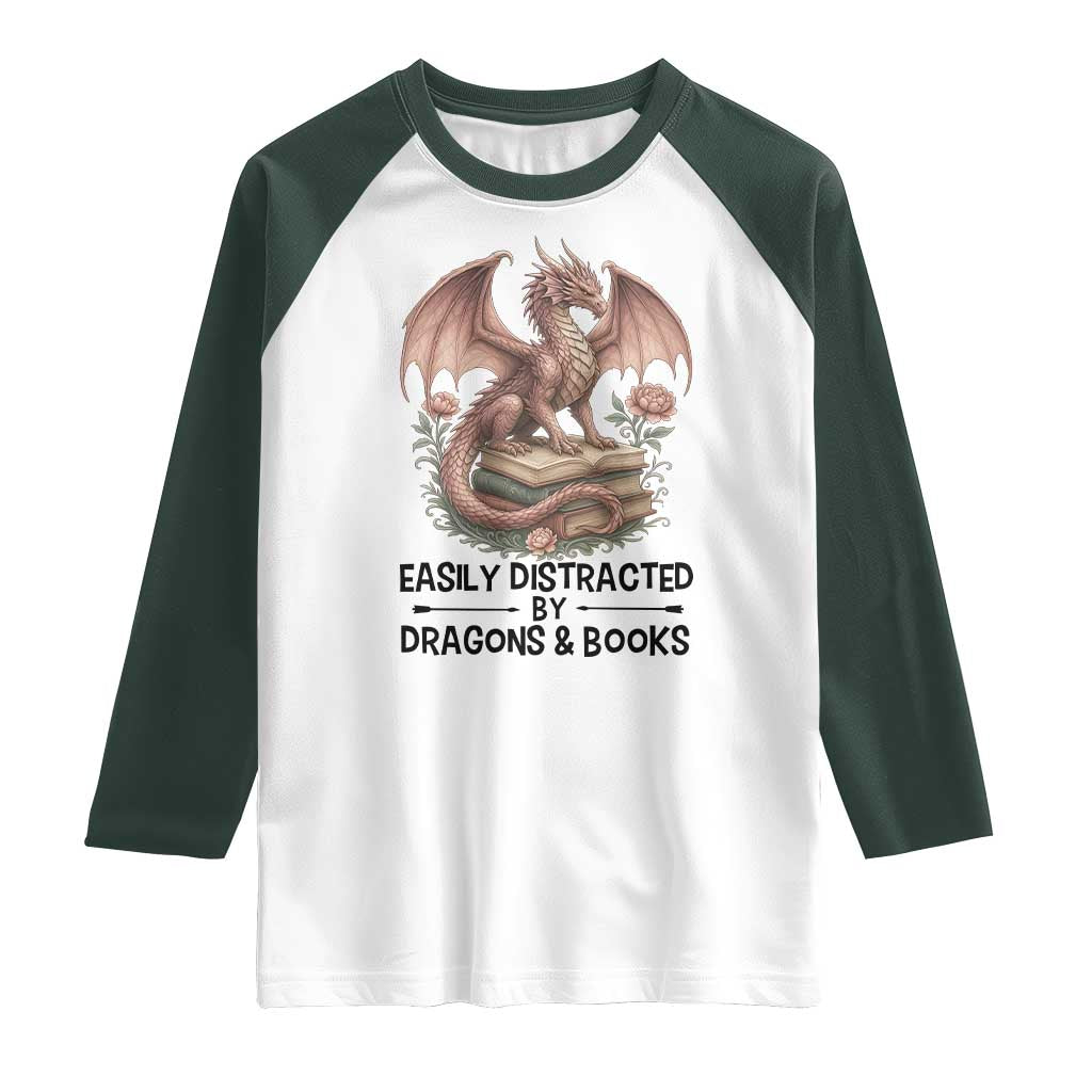 Easily Distracted By Dragon And Books Raglan Shirt Funny Book Lover - Wonder Print Shop