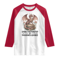 Easily Distracted By Dragon And Books Raglan Shirt Funny Book Lover - Wonder Print Shop