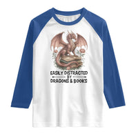 Easily Distracted By Dragon And Books Raglan Shirt Funny Book Lover - Wonder Print Shop