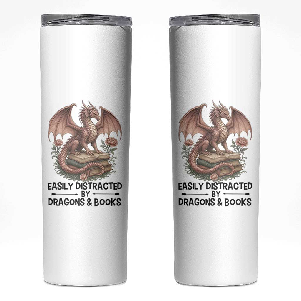 Easily Distracted By Dragon And Books Skinny Tumbler Funny Book Lover