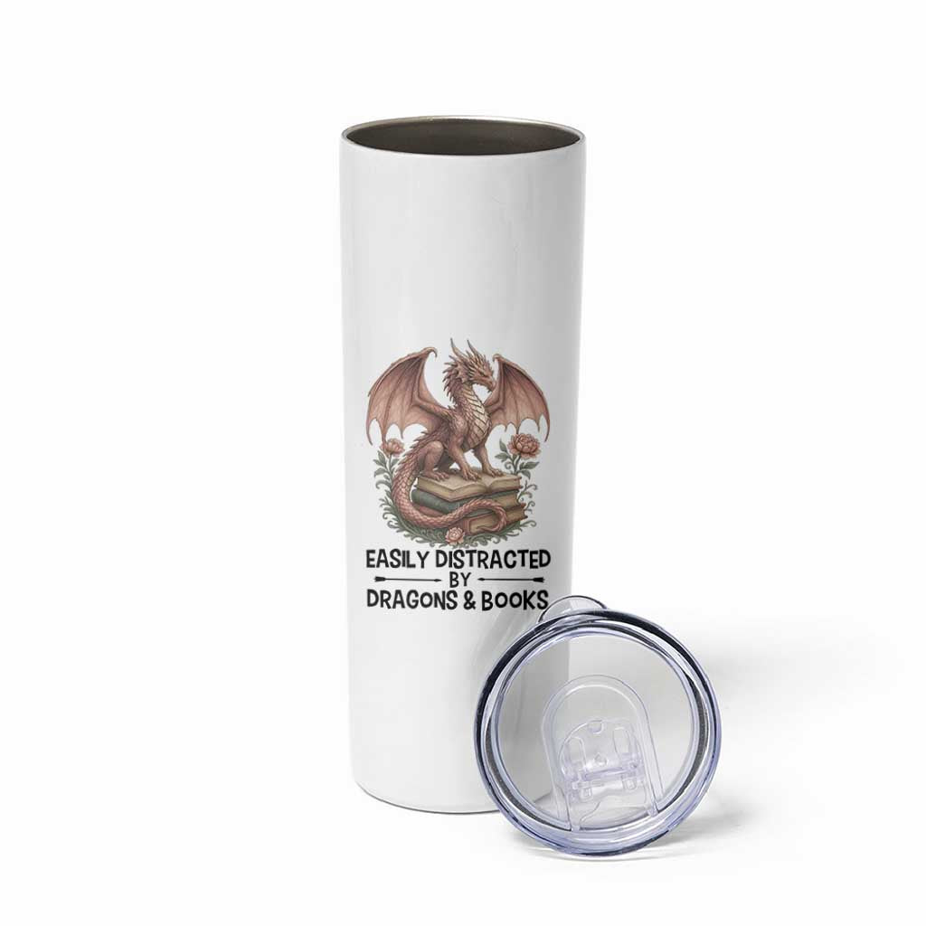 Easily Distracted By Dragon And Books Skinny Tumbler Funny Book Lover