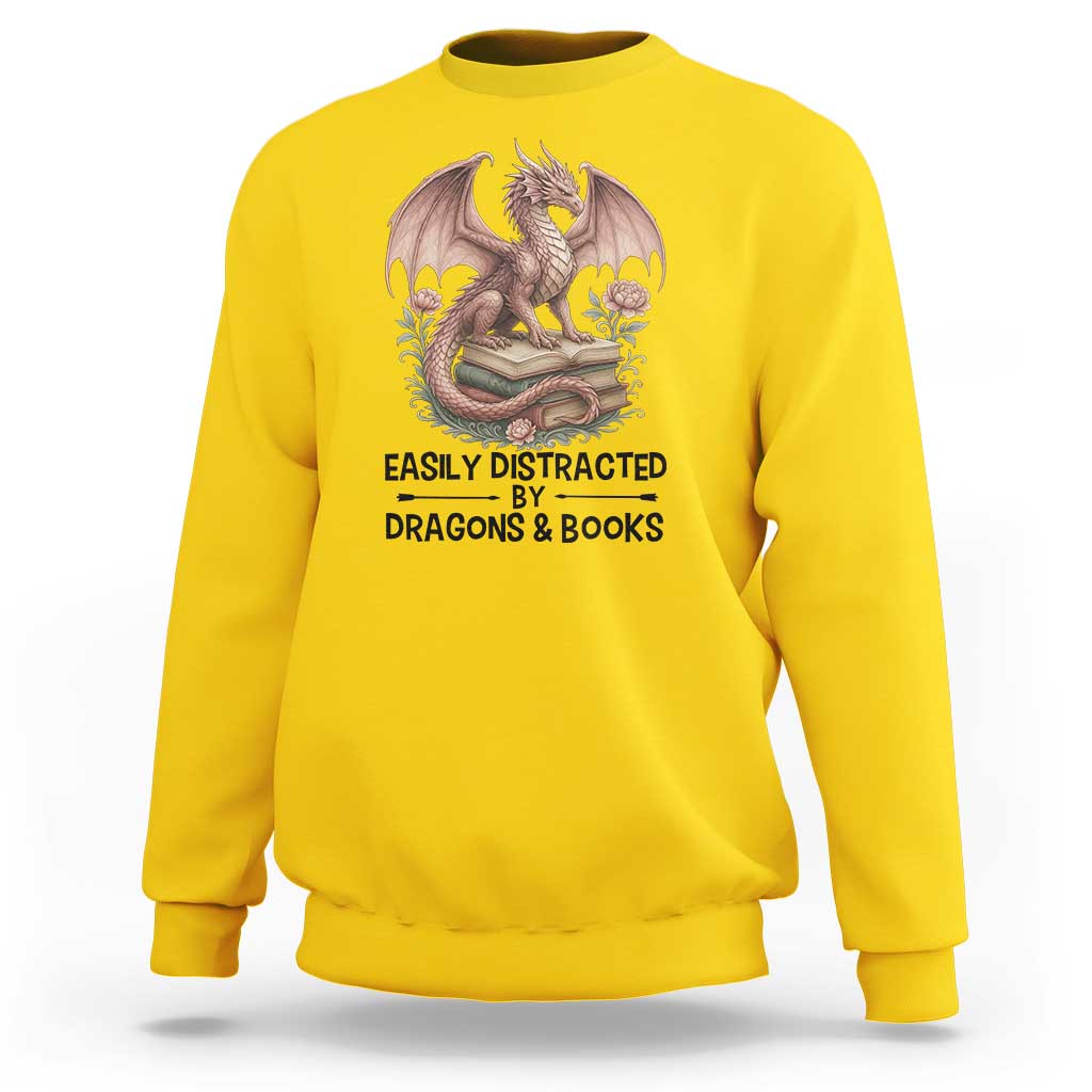 Easily Distracted By Dragon And Books Sweatshirt Funny Book Lover - Wonder Print Shop