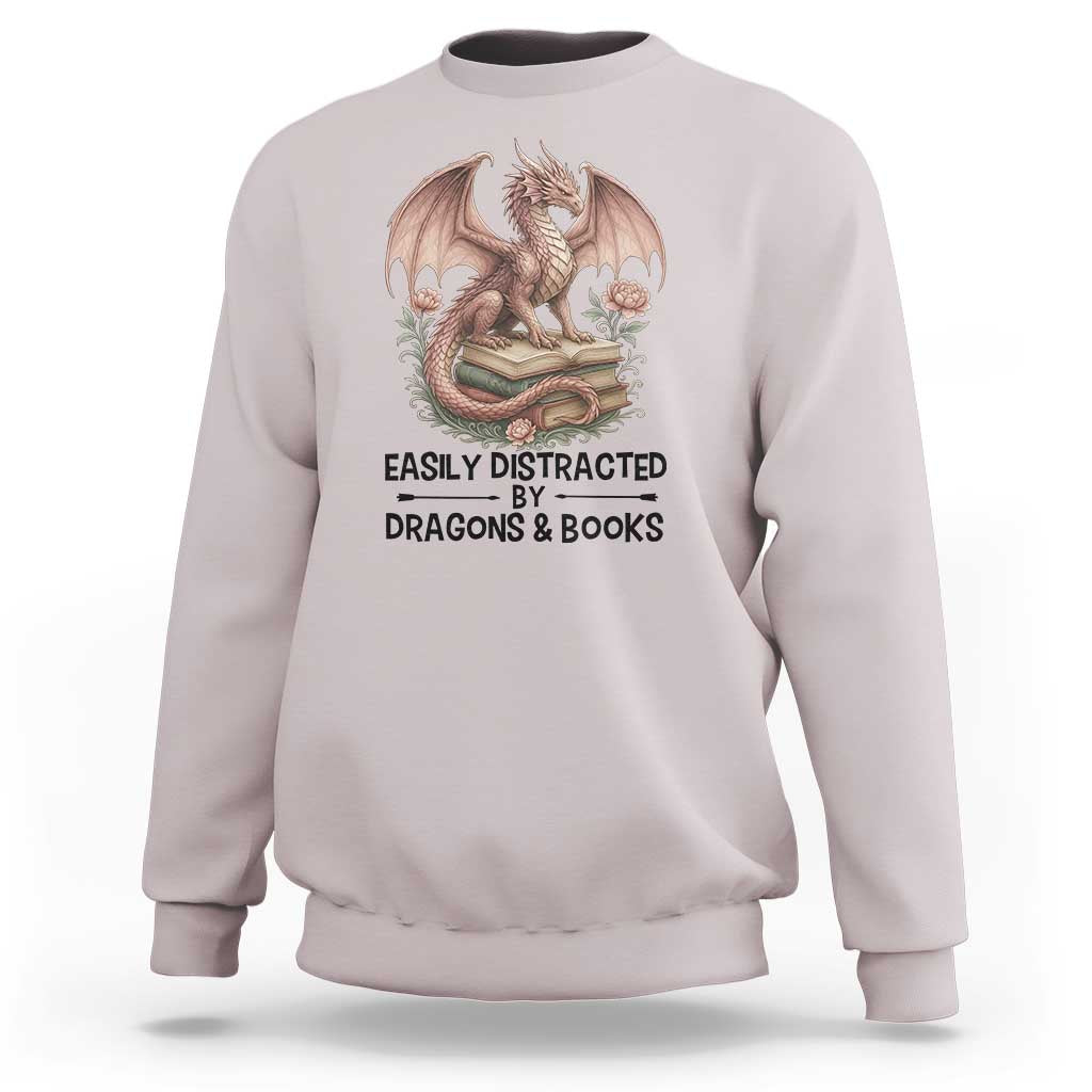 Easily Distracted By Dragon And Books Sweatshirt Funny Book Lover - Wonder Print Shop