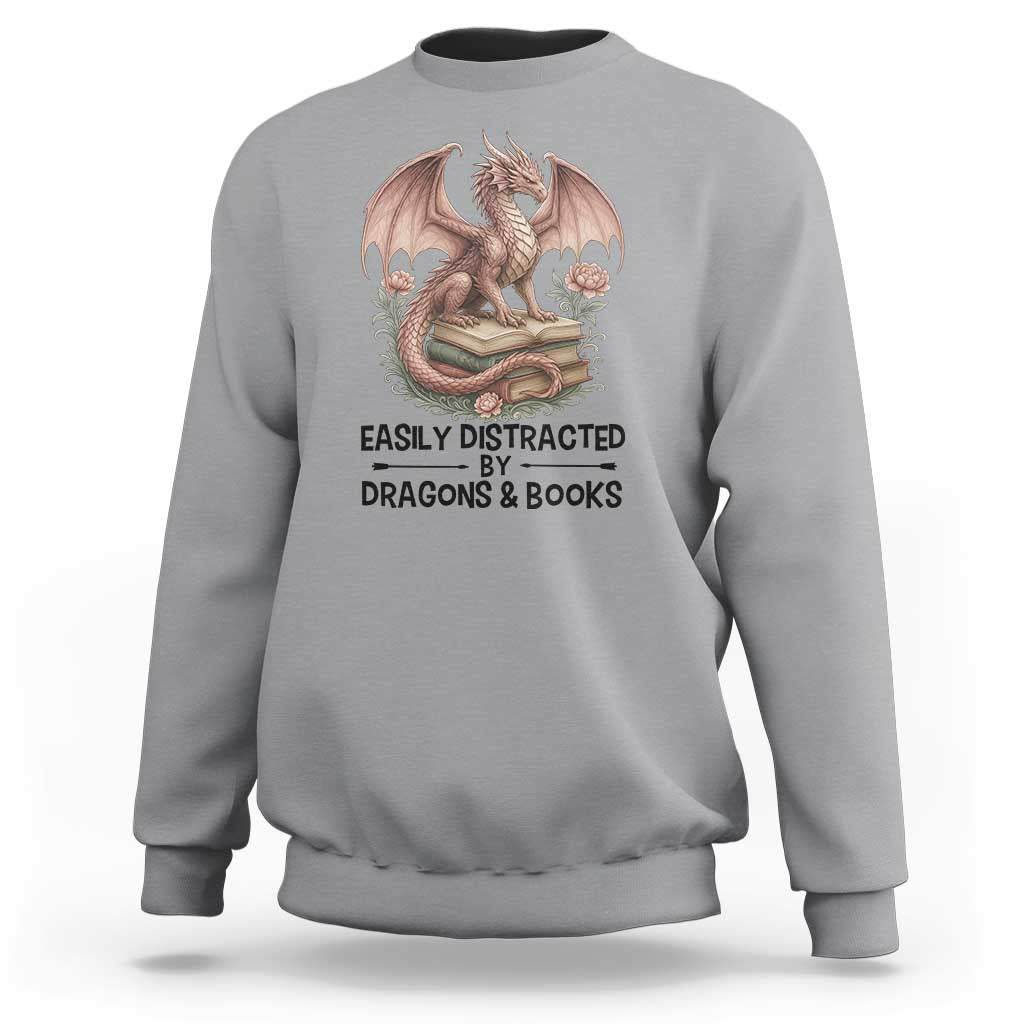 Easily Distracted By Dragon And Books Sweatshirt Funny Book Lover - Wonder Print Shop