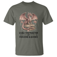 Easily Distracted By Dragon And Books T Shirt Funny Book Lover - Wonder Print Shop
