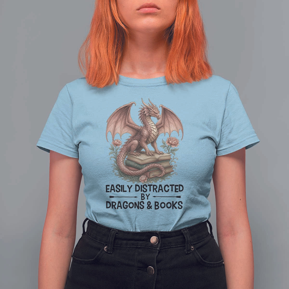 Easily Distracted By Dragon And Books T Shirt For Women Funny Book Lover - Wonder Print Shop
