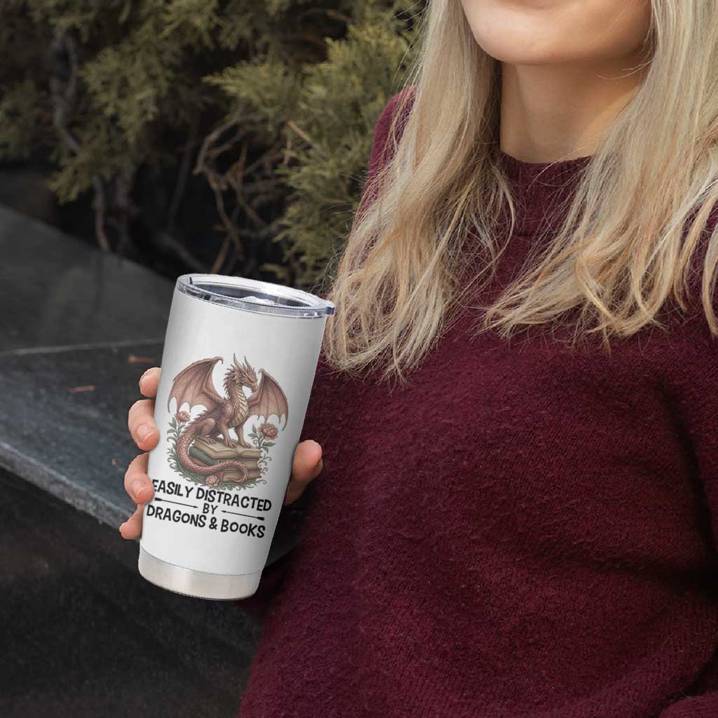 Easily Distracted By Dragon And Books Tumbler Cup Funny Book Lover