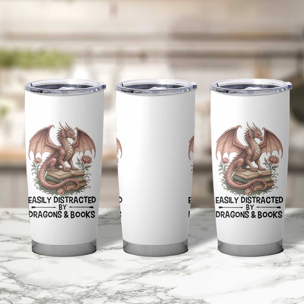 Easily Distracted By Dragon And Books Tumbler Cup Funny Book Lover