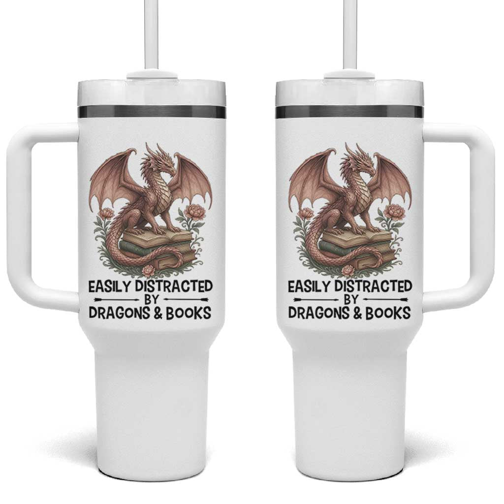 Easily Distracted By Dragon And Books Tumbler With Handle Funny Book Lover