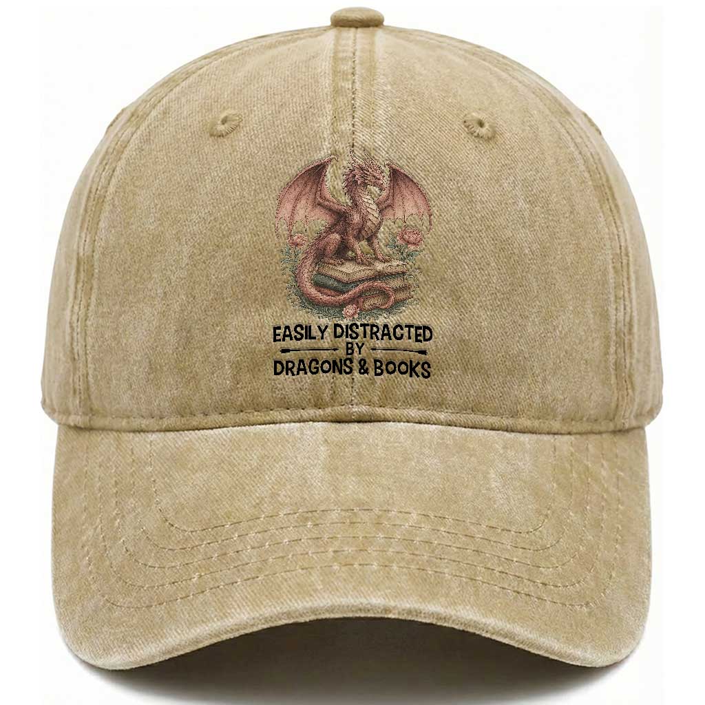 Easily Distracted By Dragon And Books Washed Cotton Baseball Cap Funny Book Lover
