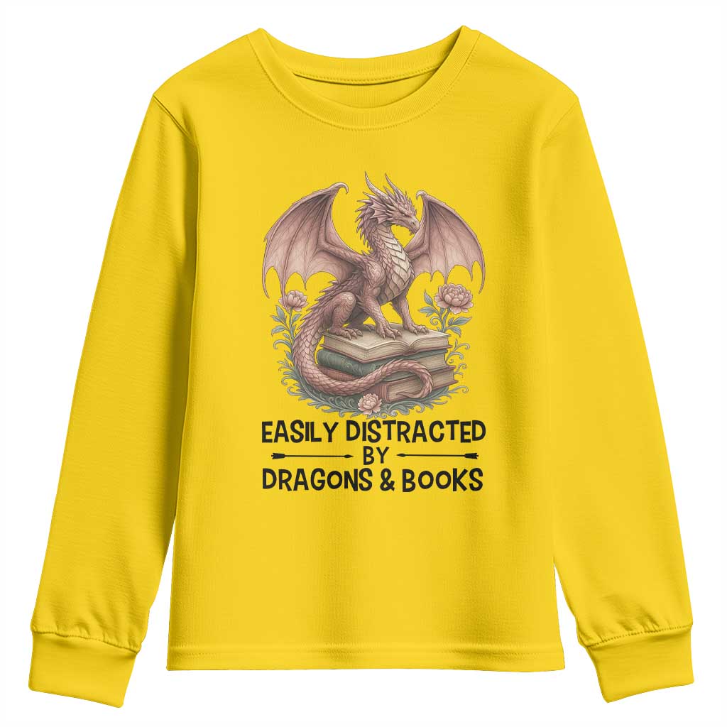 Easily Distracted By Dragon And Books Youth Sweatshirt Funny Book Lover - Wonder Print Shop