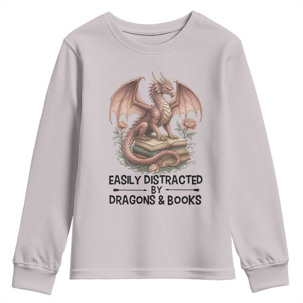 Easily Distracted By Dragon And Books Youth Sweatshirt Funny Book Lover - Wonder Print Shop