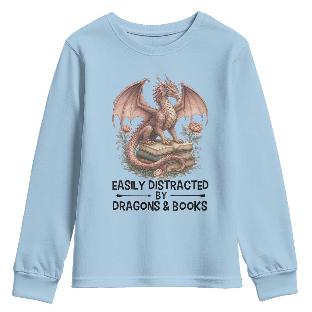 Easily Distracted By Dragon And Books Youth Sweatshirt Funny Book Lover - Wonder Print Shop