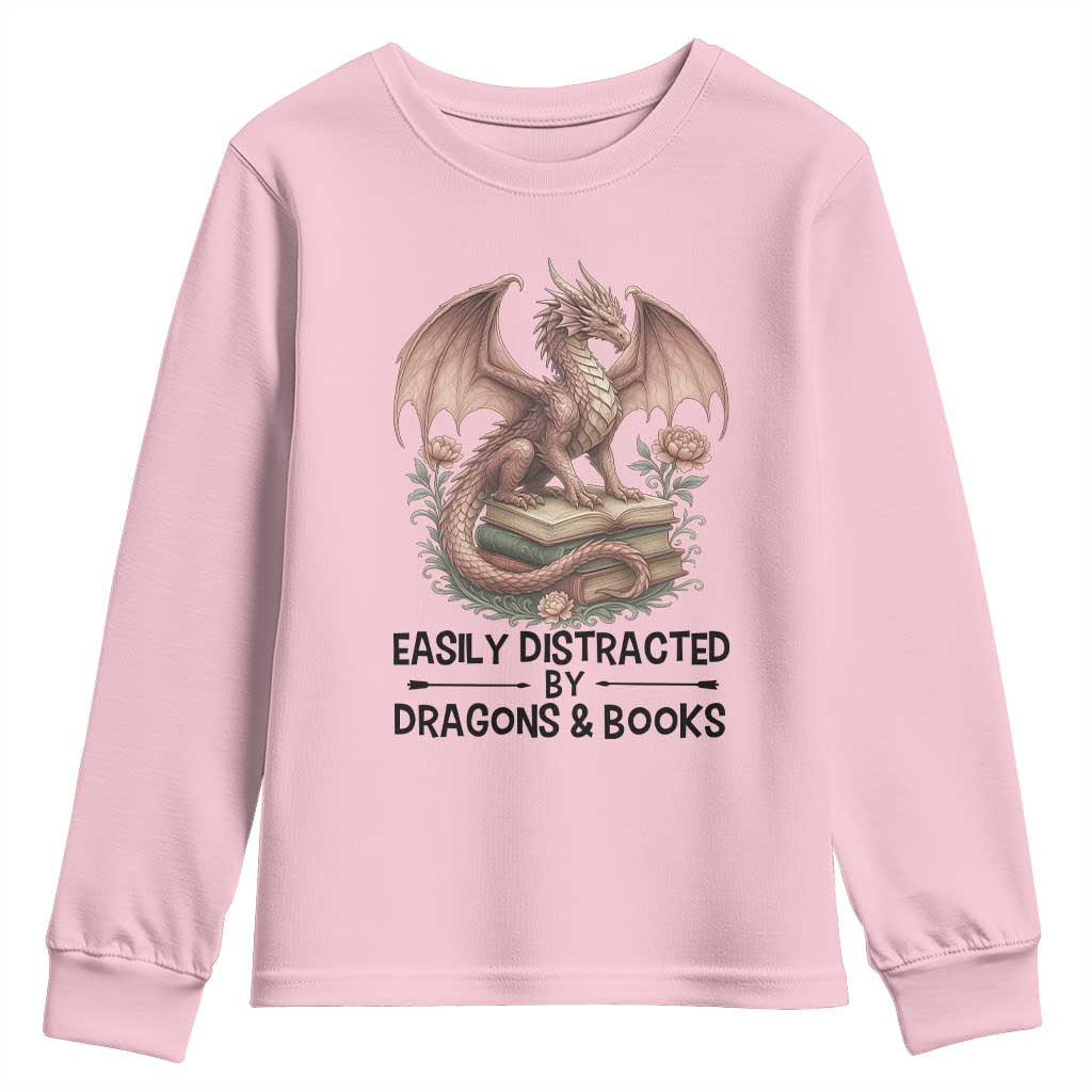 Easily Distracted By Dragon And Books Youth Sweatshirt Funny Book Lover - Wonder Print Shop