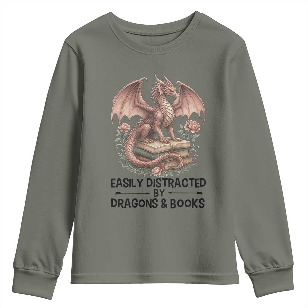 Easily Distracted By Dragon And Books Youth Sweatshirt Funny Book Lover - Wonder Print Shop