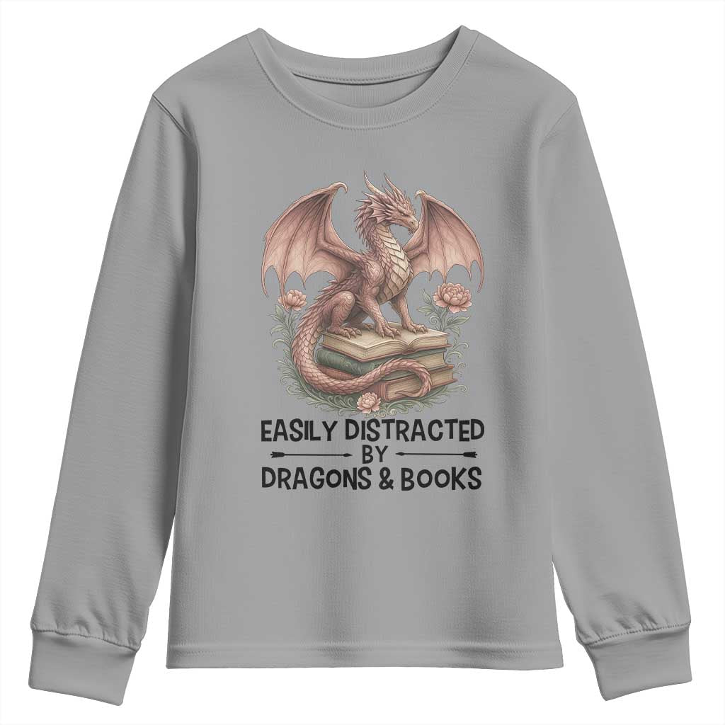 Easily Distracted By Dragon And Books Youth Sweatshirt Funny Book Lover - Wonder Print Shop
