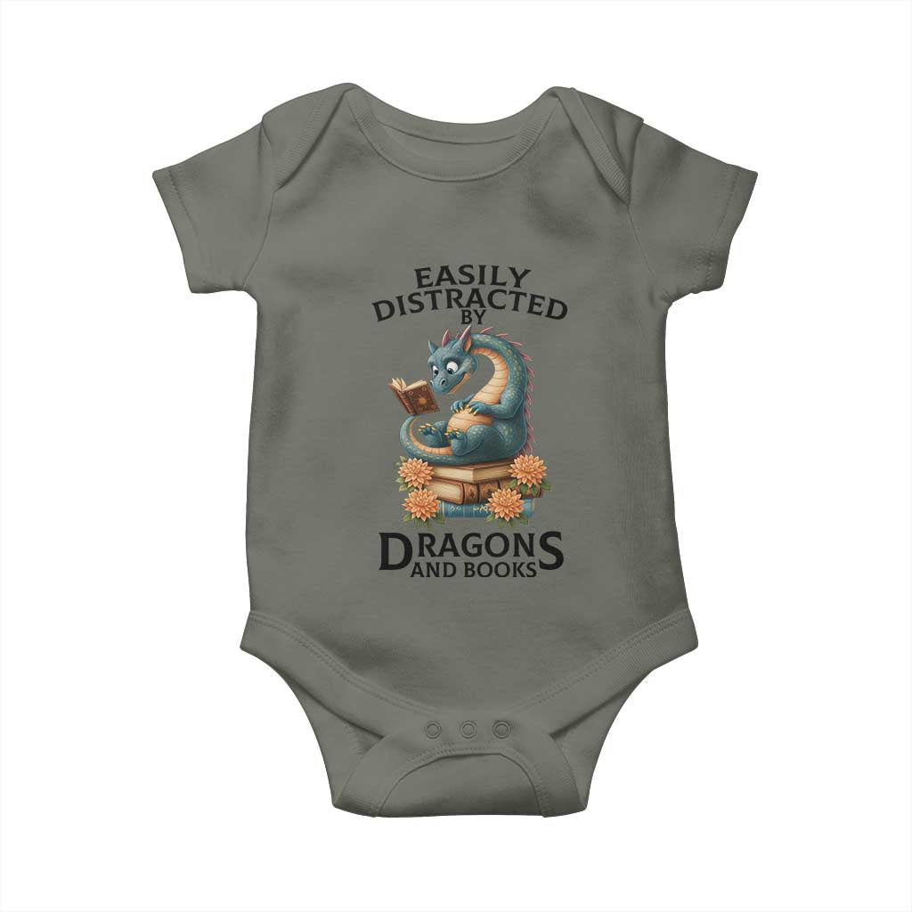 Easily Distracted By Dragon And Books Baby Onesie Cute Book Lover Gift - Wonder Print Shop