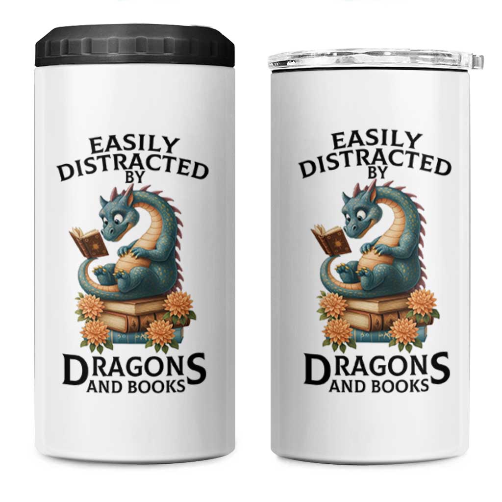 Easily Distracted By Dragon And Books 4 in 1 Can Cooler Tumbler Cute Book Lover Gift