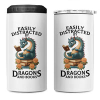 Easily Distracted By Dragon And Books 4 in 1 Can Cooler Tumbler Cute Book Lover Gift