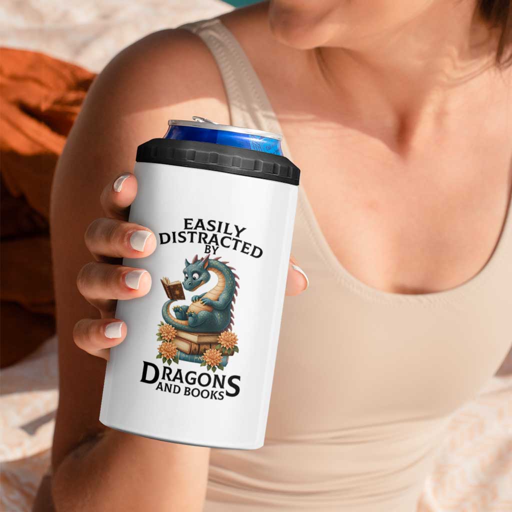 Easily Distracted By Dragon And Books 4 in 1 Can Cooler Tumbler Cute Book Lover Gift