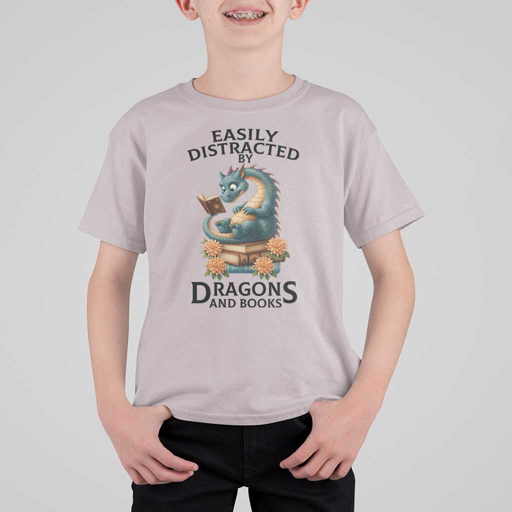 Easily Distracted By Dragon And Books T Shirt For Kid Cute Book Lover Gift - Wonder Print Shop