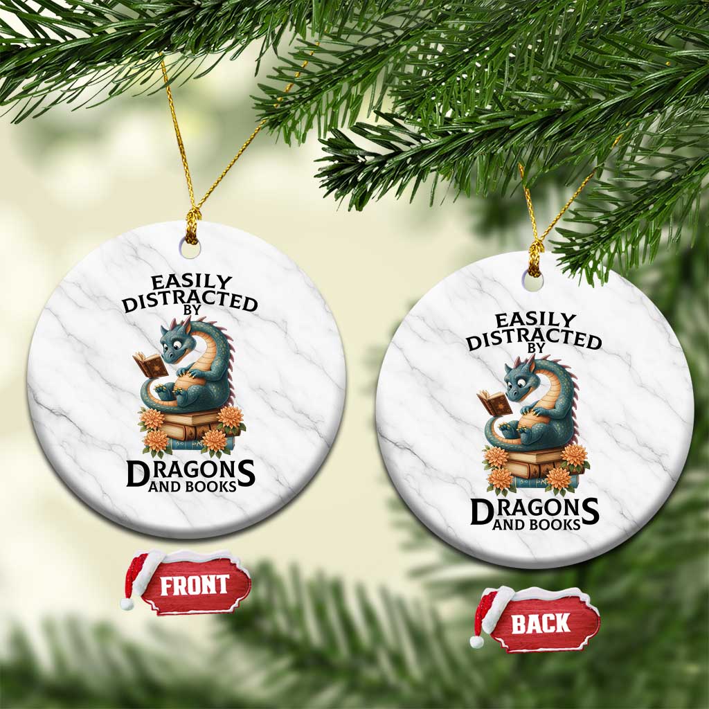 Easily Distracted By Dragon And Books Ceramic Ornament Cute Book Lover Gift - Wonder Print Shop