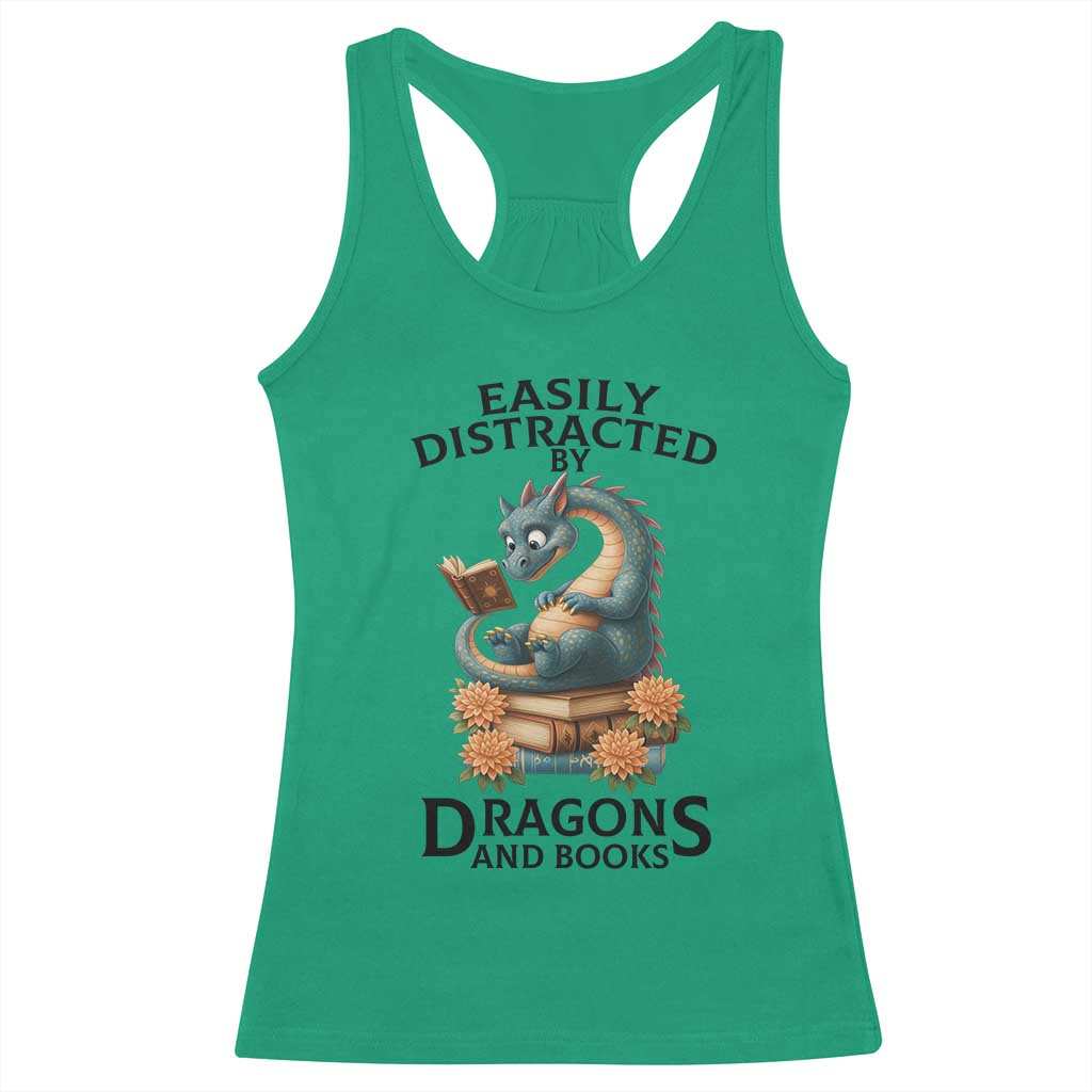 Easily Distracted By Dragon And Books Racerback Tank Top Cute Book Lover Gift - Wonder Print Shop