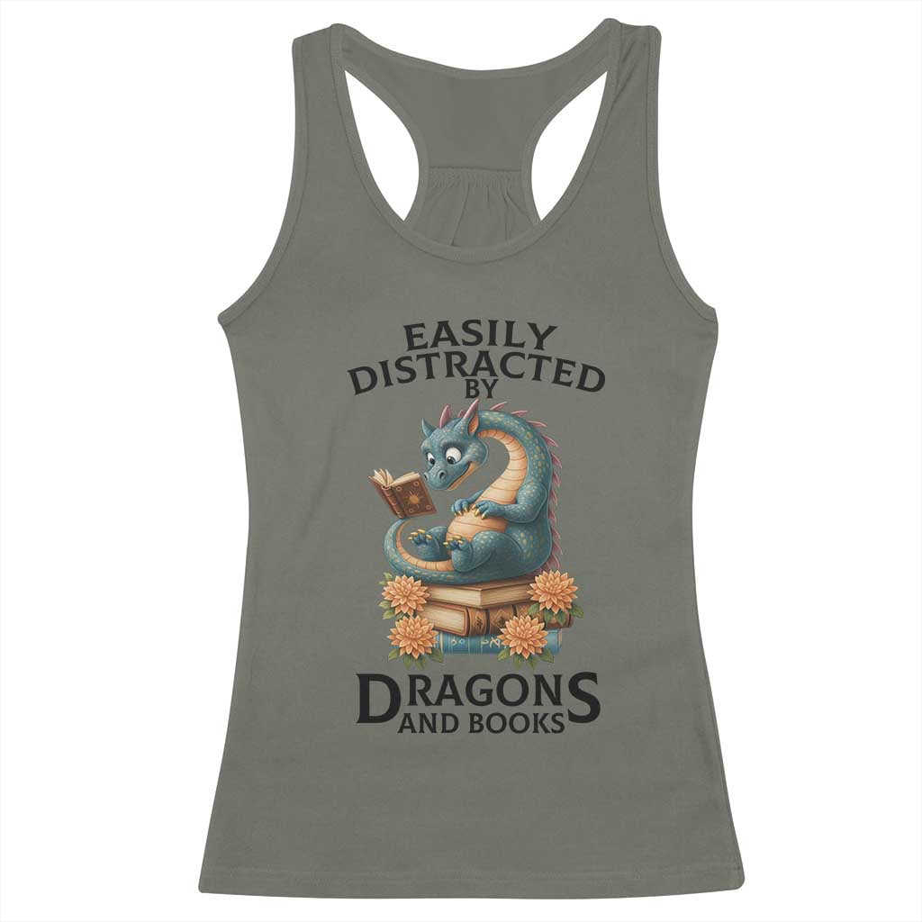 Easily Distracted By Dragon And Books Racerback Tank Top Cute Book Lover Gift - Wonder Print Shop