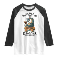 Easily Distracted By Dragon And Books Raglan Shirt Cute Book Lover Gift - Wonder Print Shop