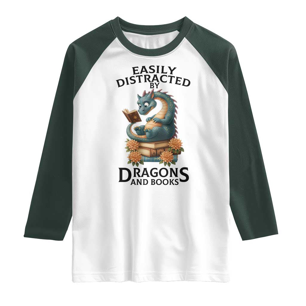 Easily Distracted By Dragon And Books Raglan Shirt Cute Book Lover Gift - Wonder Print Shop