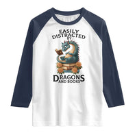 Easily Distracted By Dragon And Books Raglan Shirt Cute Book Lover Gift - Wonder Print Shop