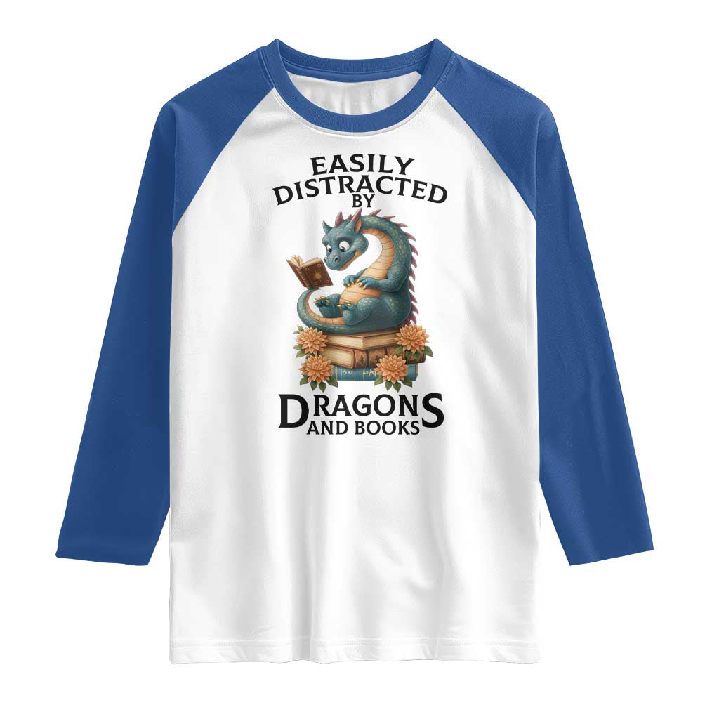 Easily Distracted By Dragon And Books Raglan Shirt Cute Book Lover Gift - Wonder Print Shop
