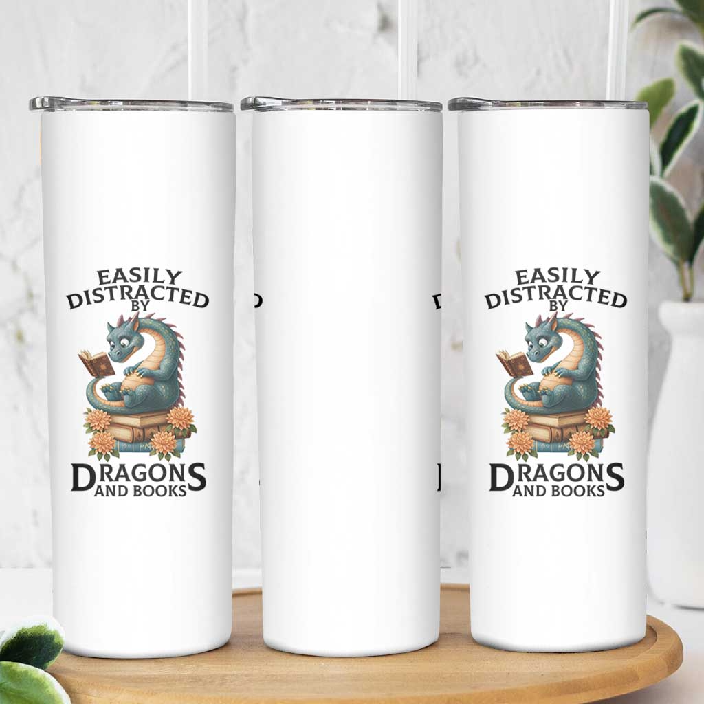 Easily Distracted By Dragon And Books Skinny Tumbler Cute Book Lover Gift