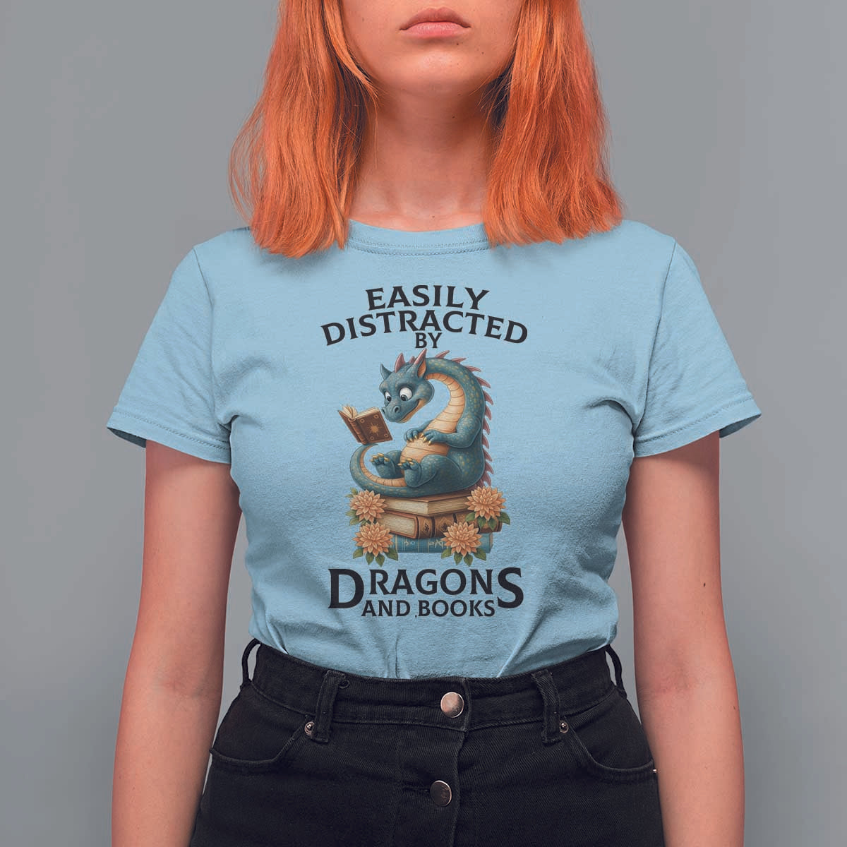 Easily Distracted By Dragon And Books T Shirt For Women Cute Book Lover Gift - Wonder Print Shop