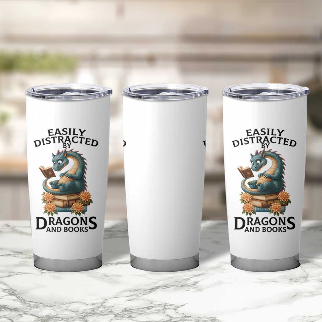 Easily Distracted By Dragon And Books Tumbler Cup Cute Book Lover Gift