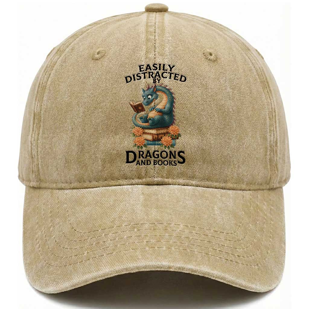 Easily Distracted By Dragon And Books Washed Cotton Baseball Cap Cute Book Lover Gift