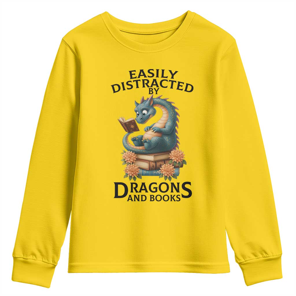 Easily Distracted By Dragon And Books Youth Sweatshirt Cute Book Lover Gift - Wonder Print Shop
