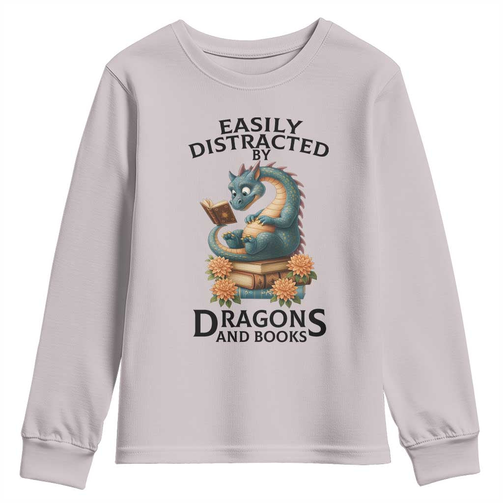 Easily Distracted By Dragon And Books Youth Sweatshirt Cute Book Lover Gift - Wonder Print Shop