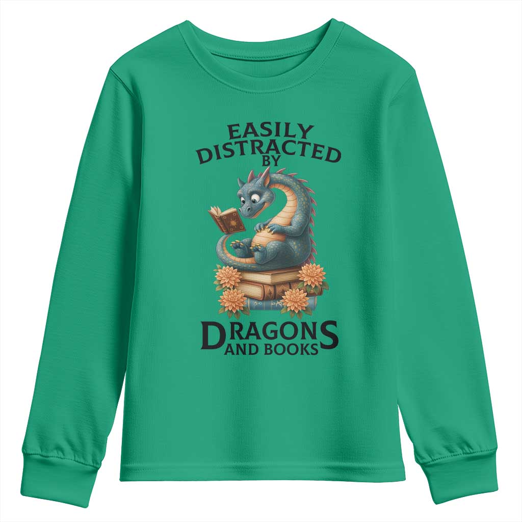Easily Distracted By Dragon And Books Youth Sweatshirt Cute Book Lover Gift - Wonder Print Shop