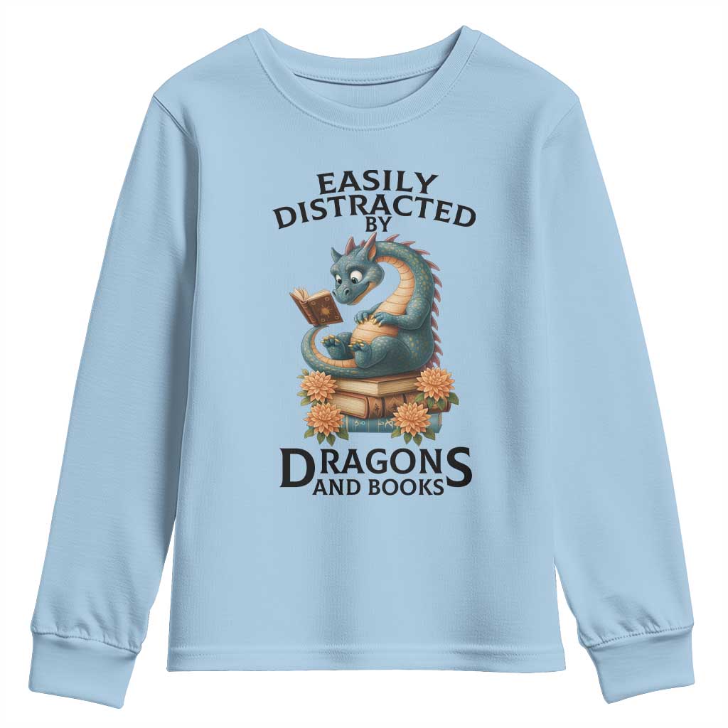Easily Distracted By Dragon And Books Youth Sweatshirt Cute Book Lover Gift - Wonder Print Shop
