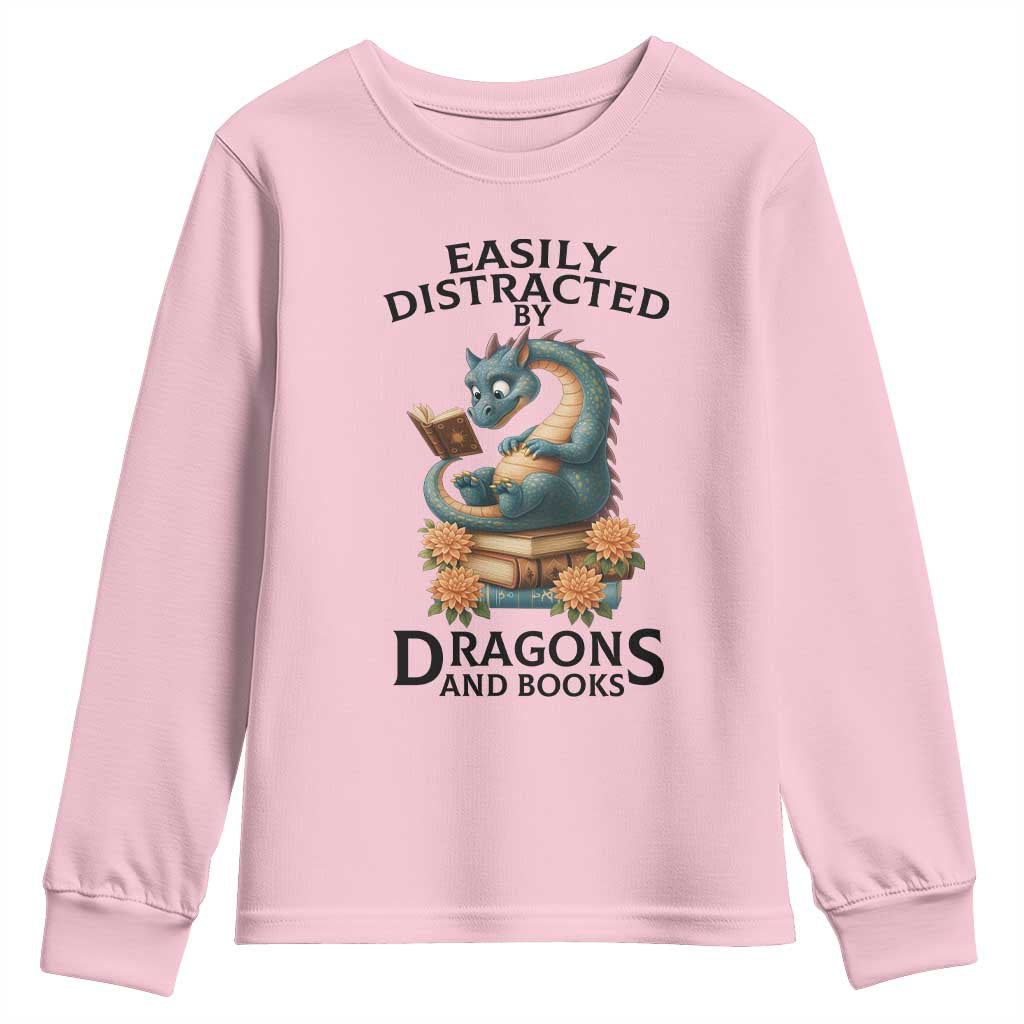 Easily Distracted By Dragon And Books Youth Sweatshirt Cute Book Lover Gift - Wonder Print Shop