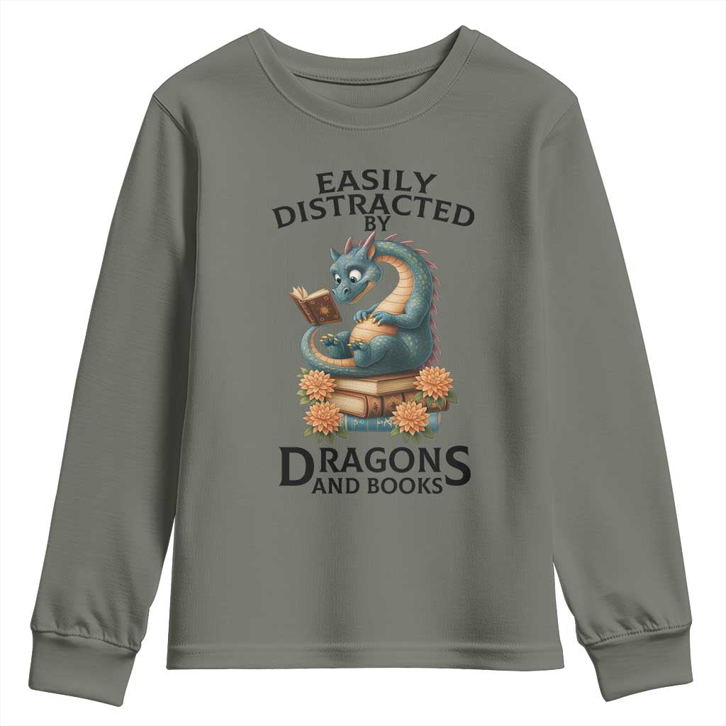 Easily Distracted By Dragon And Books Youth Sweatshirt Cute Book Lover Gift - Wonder Print Shop