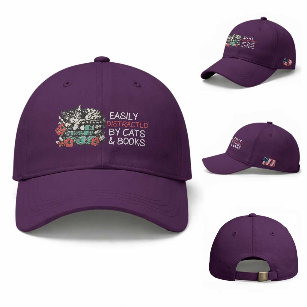 Easily Distracted By Cats And Books Baseball Cap Funny Book Lover Gift
